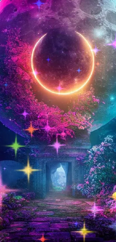 Fantasy landscape with neon moon and mystical pathway.