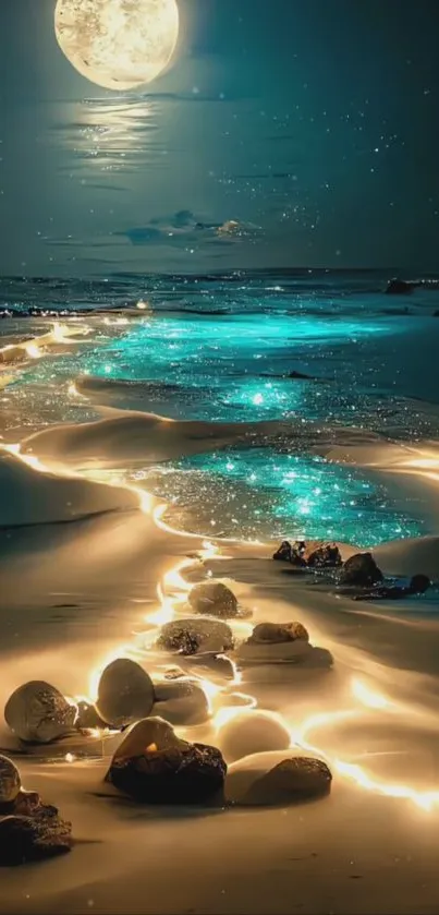 Moonlit river path with glowing sands under a full moon.