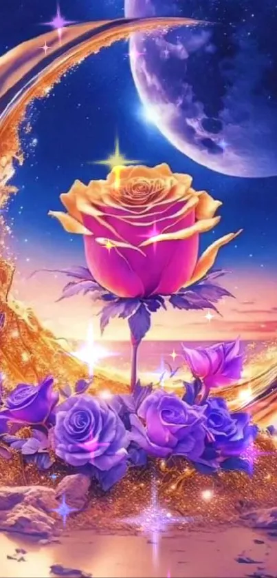 Magical purple rose with moonlit background.