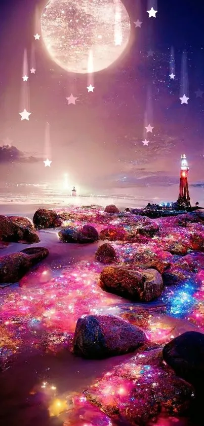 Moonlit beach with sparkling rocks and a lighthouse, under a large moon.