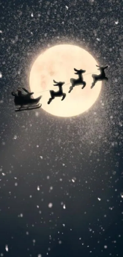 Enchanted scene of reindeer pulling a sleigh across the moonlit night sky.