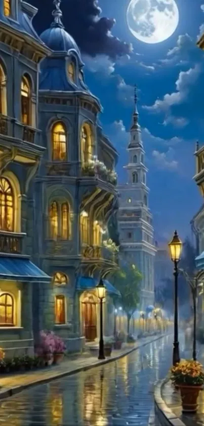 Magical moonlit street scene with elegant architecture.