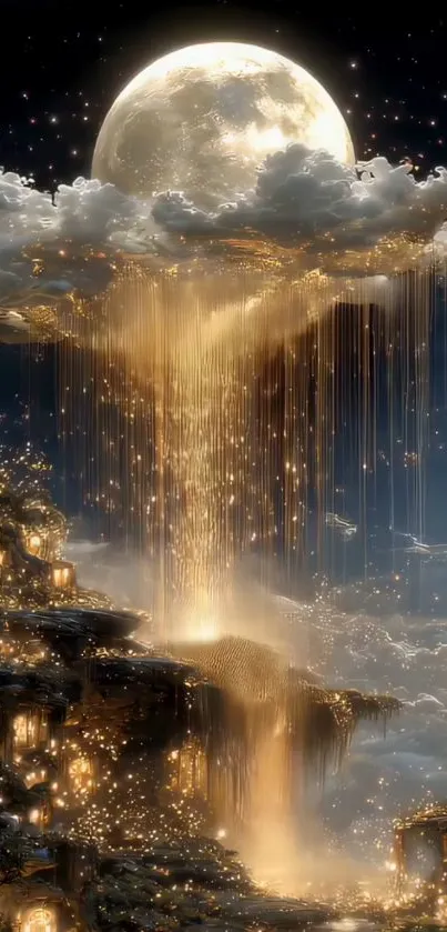 Moonlit waterfall with golden lights cascading under a glowing night sky.