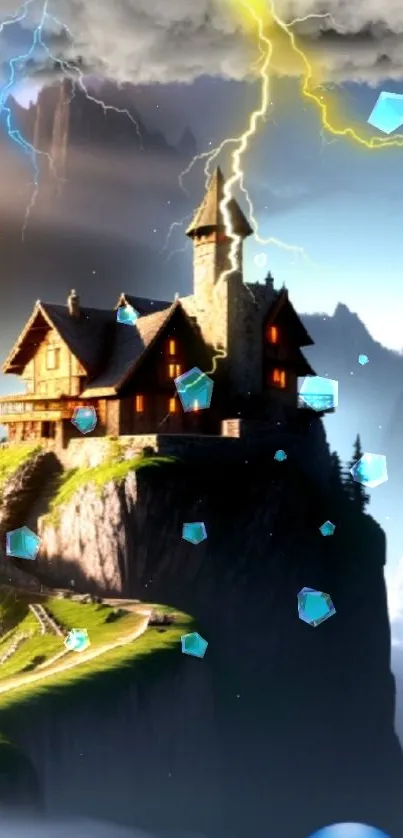 Fantasy castle on mountain with lightning and floating cubes.