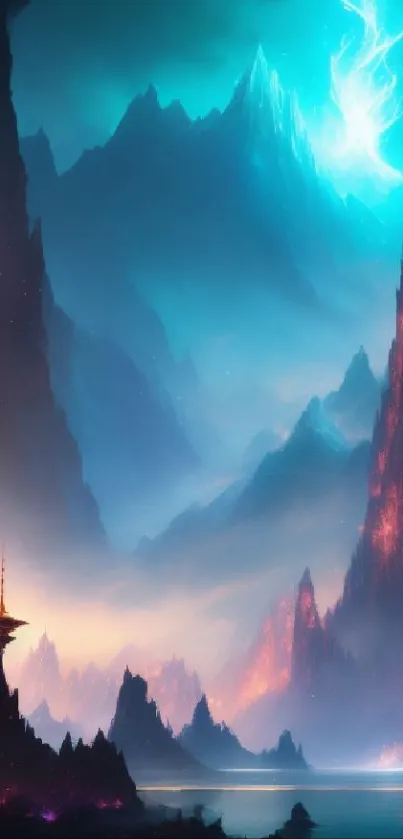 Magical mountain landscape with neon hues and vibrant scenery.