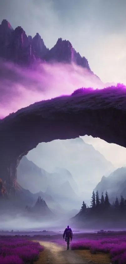 Person walking through a mystical, violet-tinted mountain landscape.