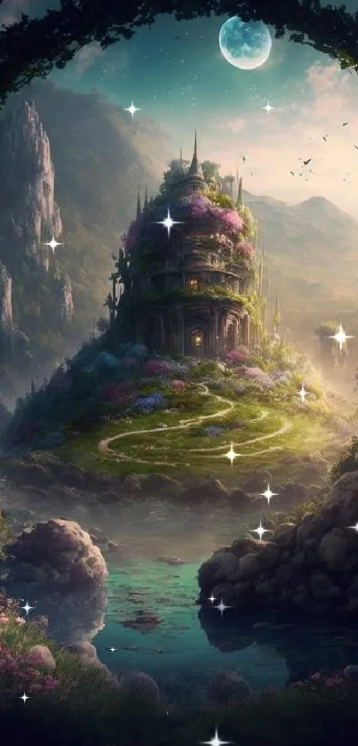 Magical fantasy landscape with a mystical tower and lush greenery under a full moon.