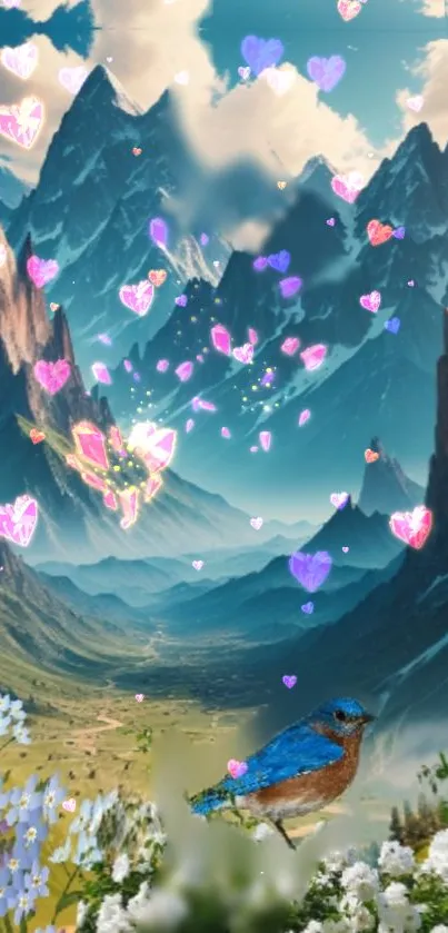 Magical mountain landscape with bluebird and hearts.