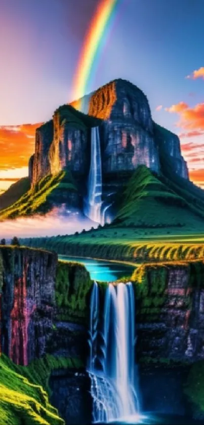 Mountain with waterfalls and rainbow under vibrant sky.