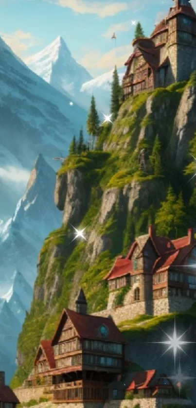 Enchanting mountain castle wallpaper for mobile screen.