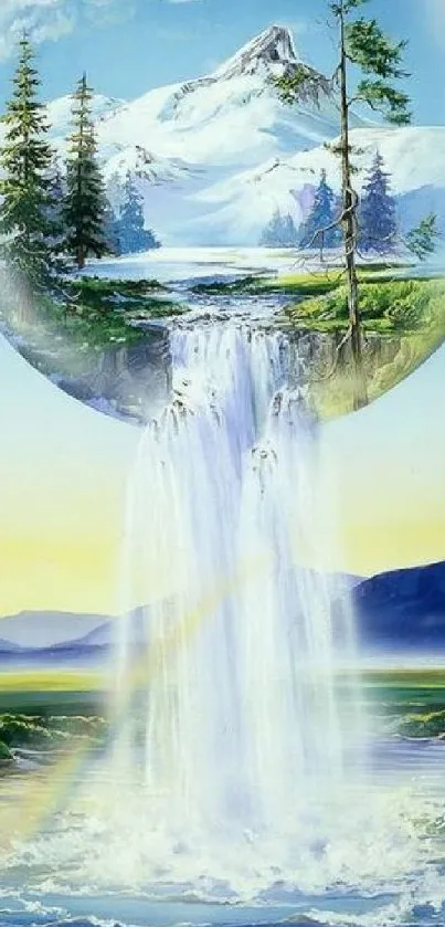 Fantasy mountain waterfall digital art with serene and vibrant colors.