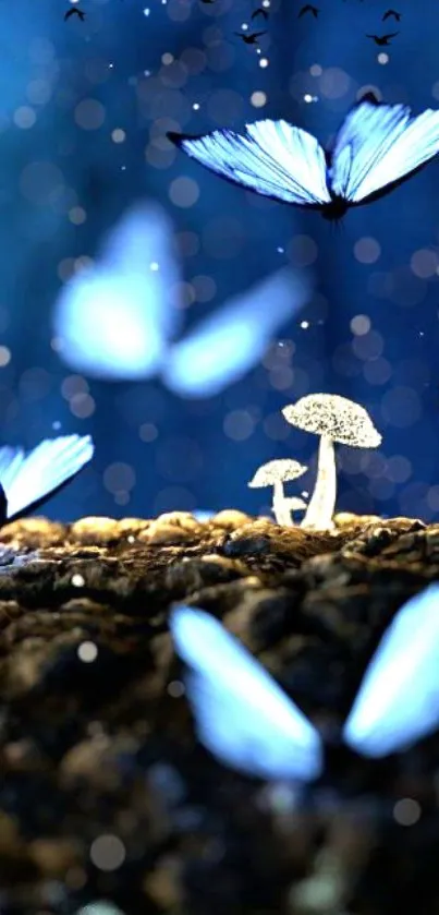 Ethereal butterflies and glowing mushrooms on a dark blue background.