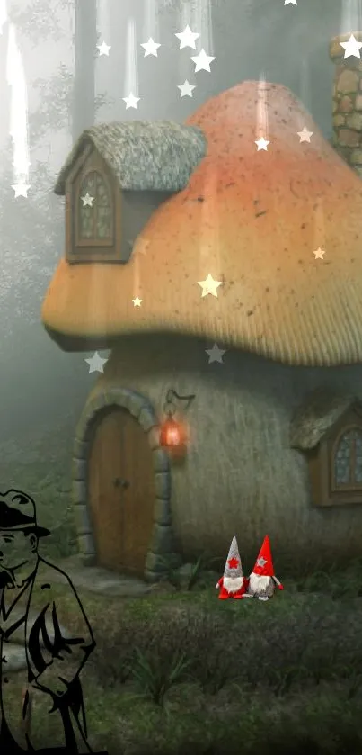 Whimsical mushroom cottage in a misty forest with magical elements.