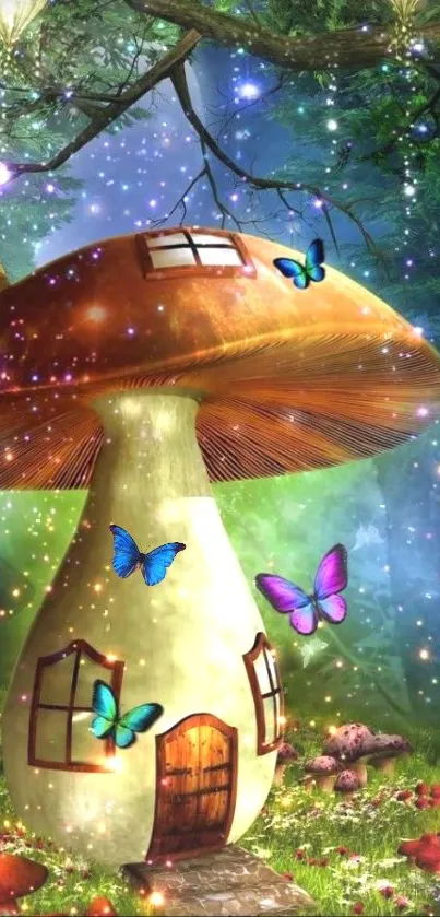 Whimsical mushroom house with butterflies and magical lights.