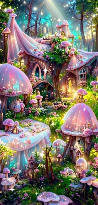 Enchanting fairy village with magical mushroom houses in a fantasy forest.