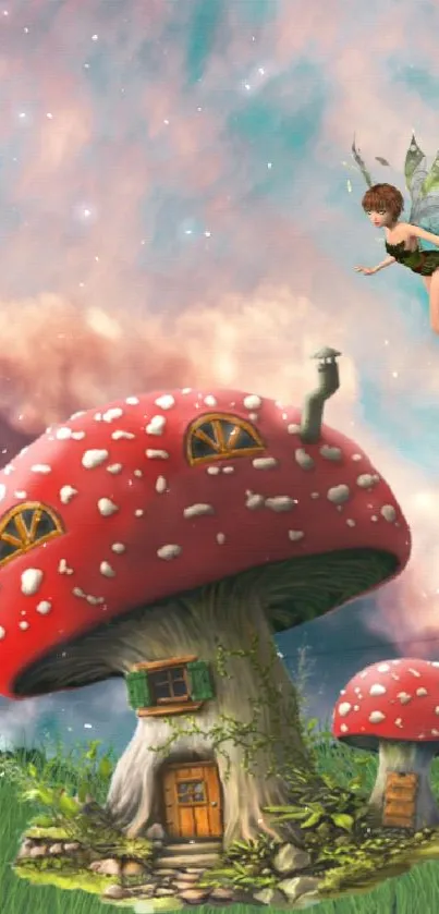 A whimsical fairy flies over a magical mushroom house under a dramatic sky.