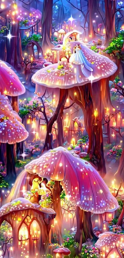 Enchanted forest with glowing mushrooms and vibrant magical scenery.