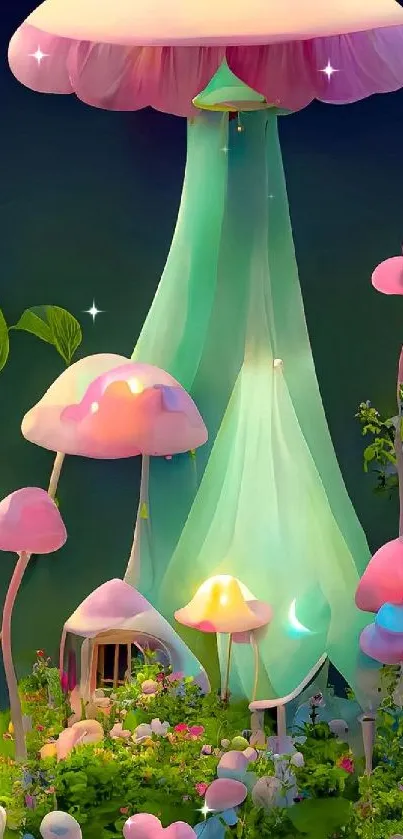 Magical scene with glowing mushrooms in a fantasy forest.