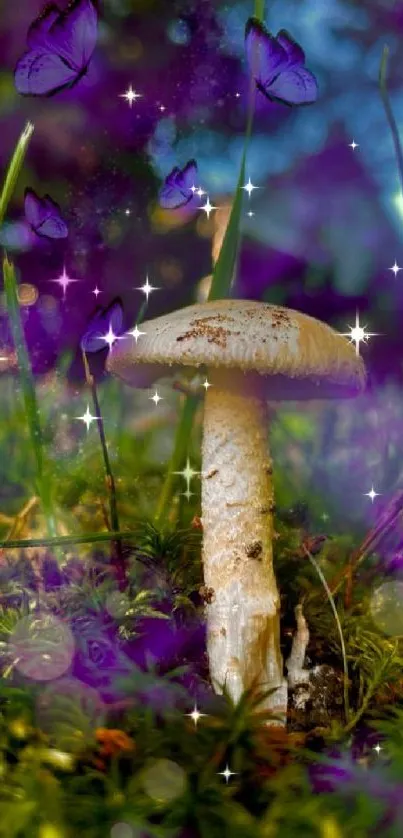 Magical mushroom with purple butterflies and lush greenery.