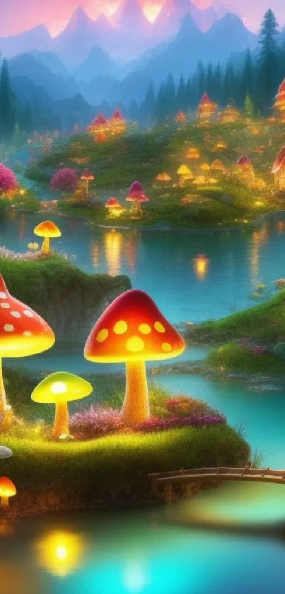 Fantasy wallpaper with glowing mushrooms by a serene lake.