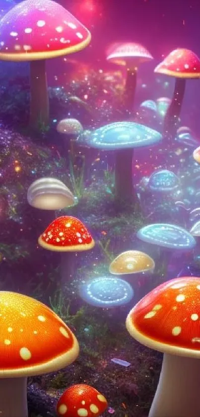 Vibrant fantasy wallpaper with glowing mushrooms in a magical forest.