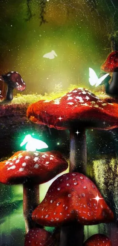 Glowing mushrooms with butterflies in forest wallpaper