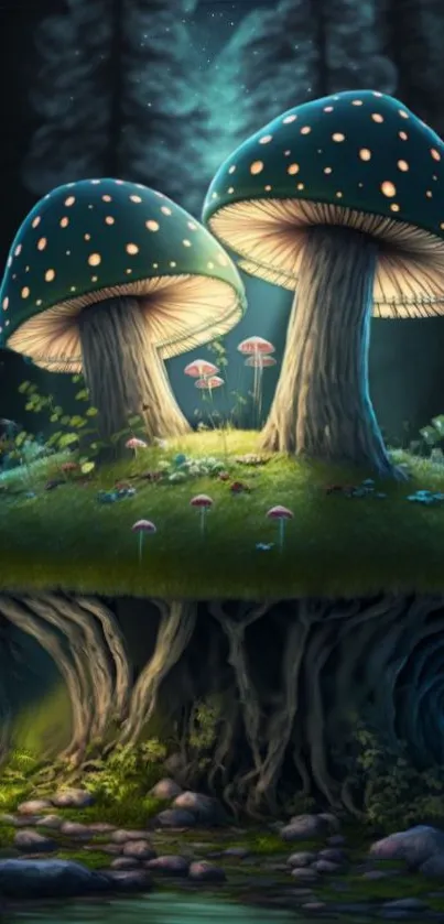 Glow-in-the-dark mushrooms in a mystical forest setting.