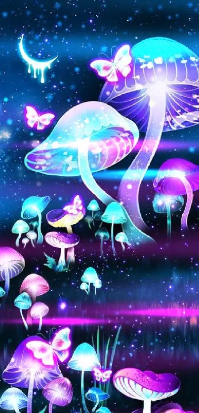 Magical galaxy with glowing mushrooms and butterflies.