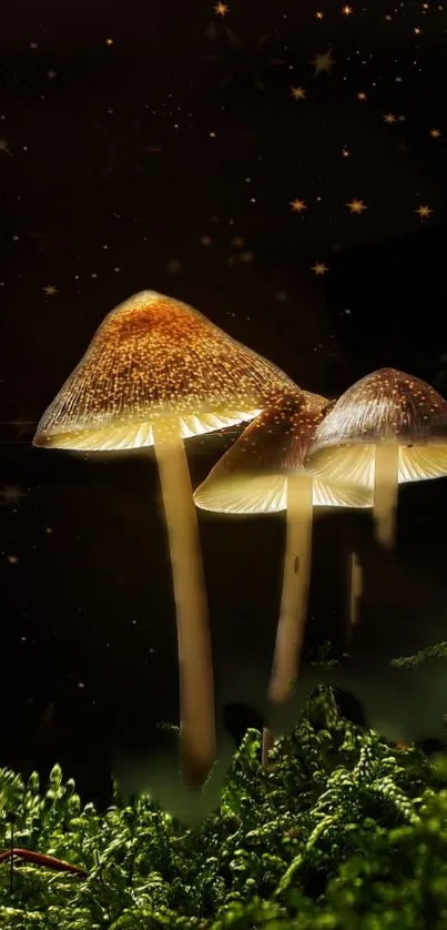 Glowing mushrooms in a dark forest under starry night sky.