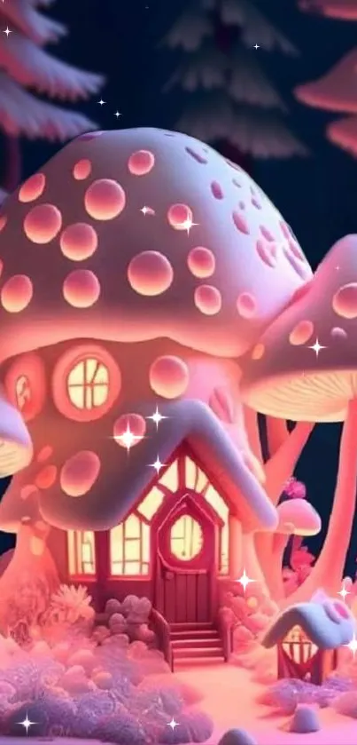 Whimsical pink mushroom house with sparkling accents in a fantasy forest.