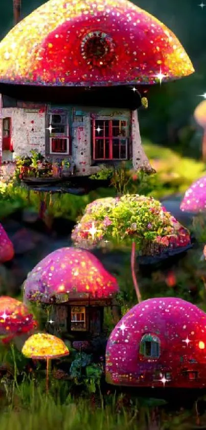 Whimsical mushroom house in magical forest wallpaper.