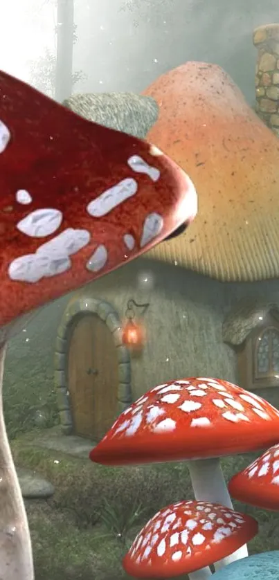 Whimsical forest with mushroom houses on phone wallpaper.