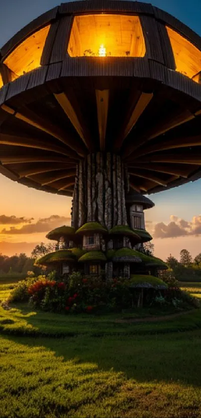 Fantasy mushroom house at sunset with vibrant colors.