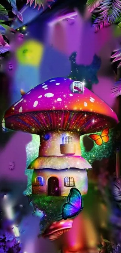 Colorful mushroom house with butterflies and magical foliage.