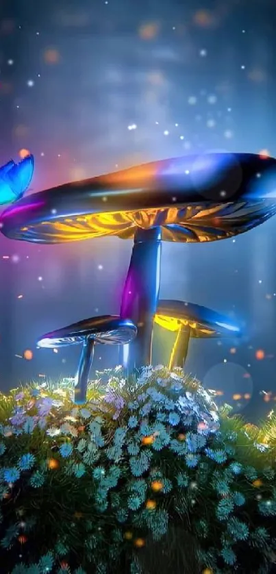 Glowing mushrooms with butterfly in a fantasy landscape.