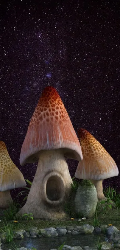 Magical mushrooms under a starlit night sky, creating a whimsical and enchanting scene.