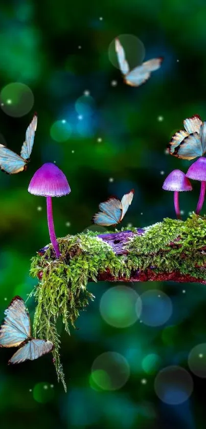 Purple mushrooms with butterflies in a lush green forest.