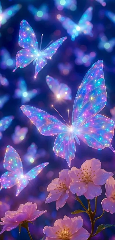 Magical neon butterflies hovering above flowers.