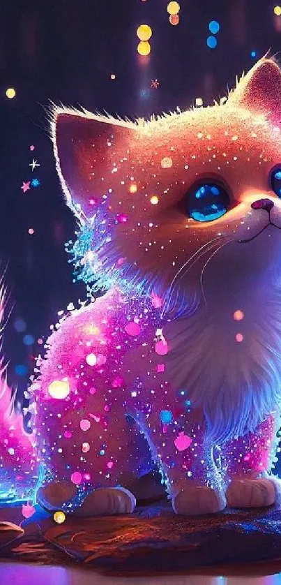 Magical neon cat with glowing spots and vibrant colors on dark background.