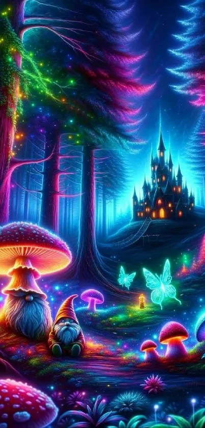 Magical neon forest with glowing castle and mushrooms.