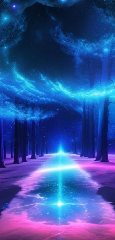 Neon forest pathway with vibrant blue and pink hues creating a mystical atmosphere.