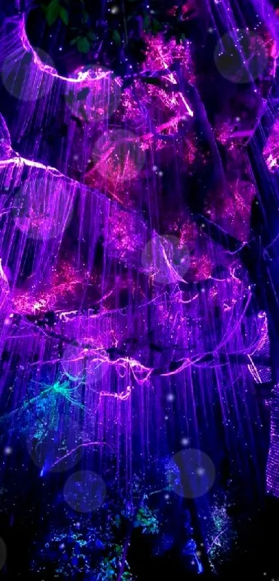 Magical neon forest with purple and blue lights creates an enchanting wallpaper scene.