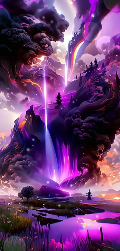 Magical neon landscape with vibrant purple hues and mystical beams of light.