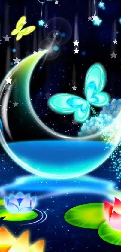 Vibrant neon butterflies and crescent moon on nightscape wallpaper.