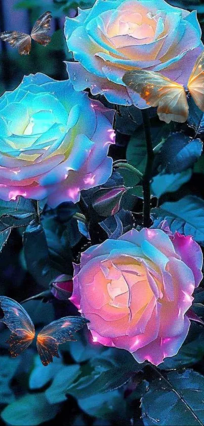 Three vibrant, neon glowing roses with colorful petals.