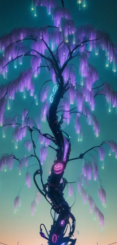 Purple luminescent tree with neon lights at dusk, magical wallpaper.