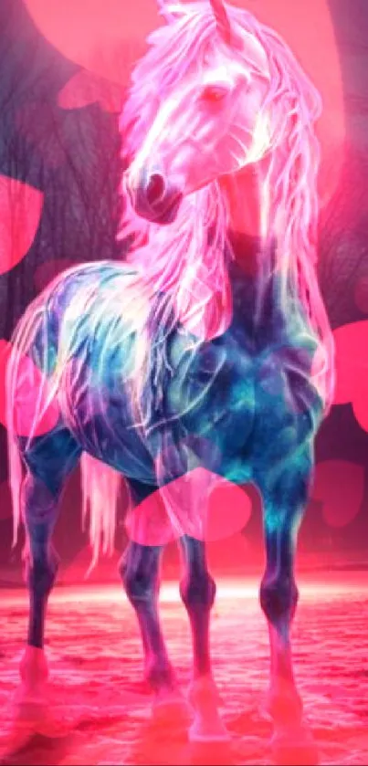 Neon blue unicorn on a mystical background.