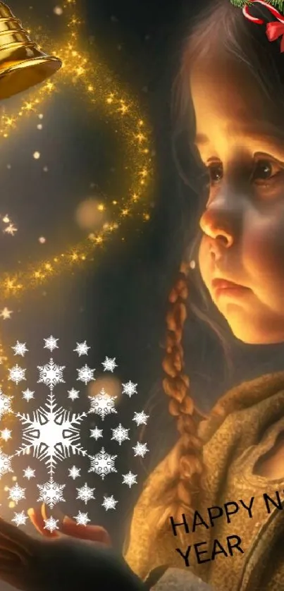 Child holding glowing magical lights for New Year celebration.