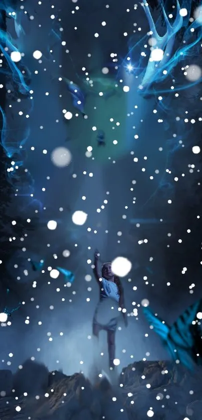 Magical scene with girl reaching towards mystical light in snowy forest.