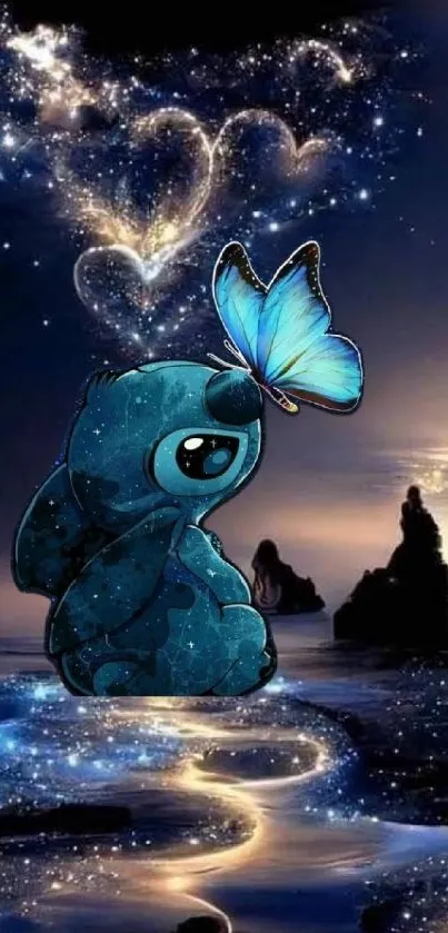 Cartoon creature with butterfly under a starlit sky.